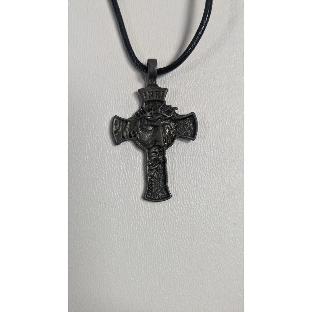 Jesus Christ Face Crucifix Cross Pendant Necklace INRI Gunmetal Black Cord